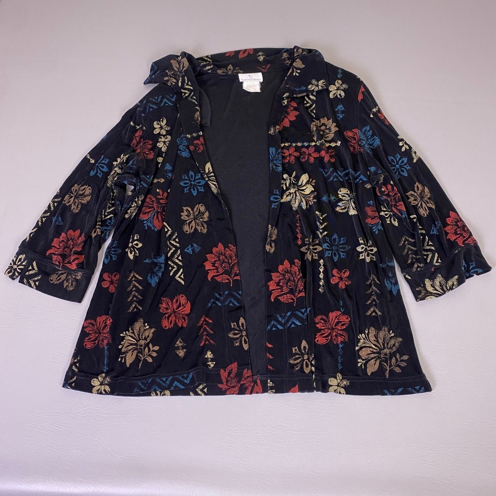 Vintage The Travel Collection‎ Cardigan 1X Black Red Floral Geometric Open Front